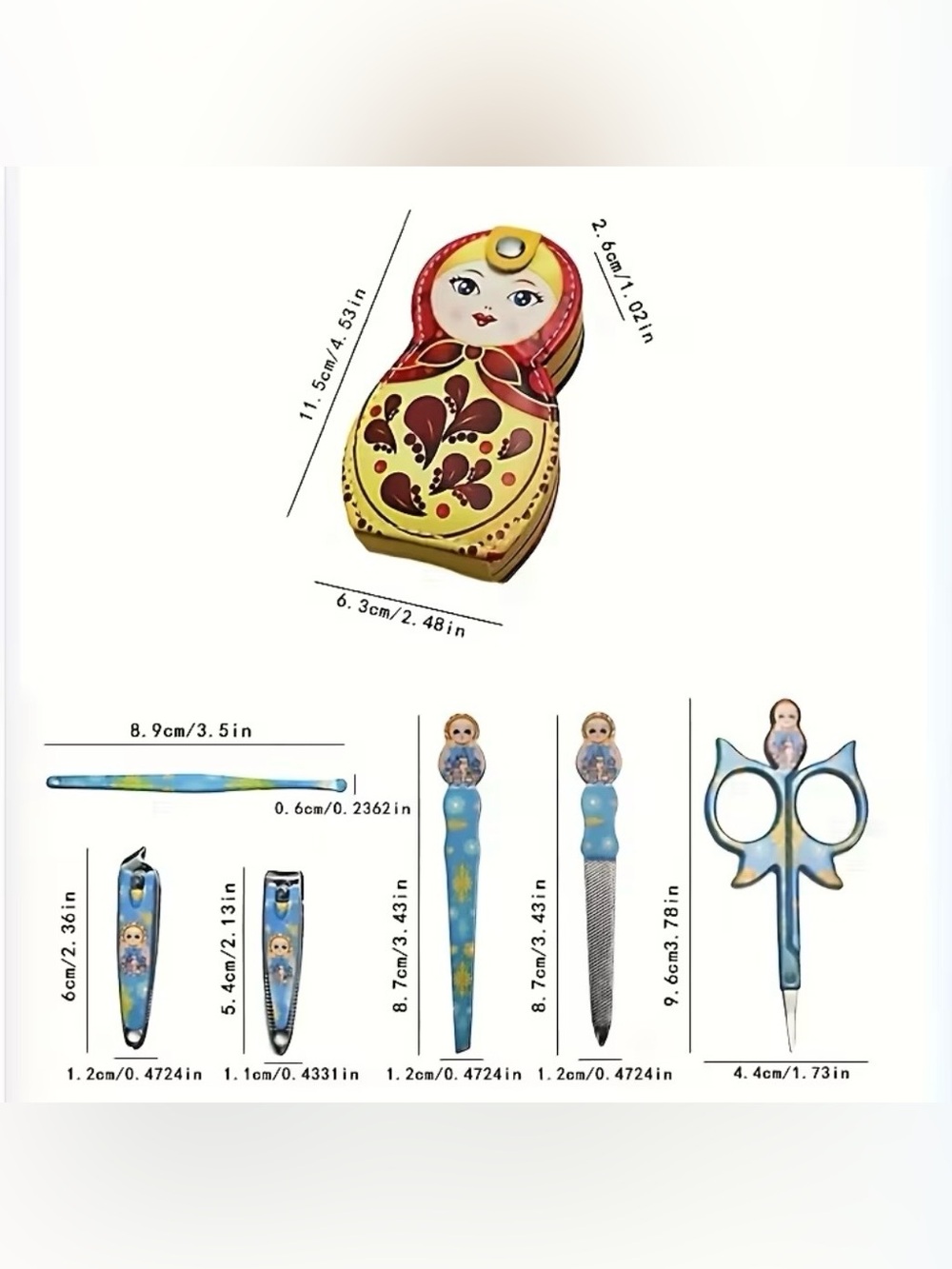 Russian Doll Manicure Set Matryoshka Nail Kit Travel Case Red Blue Pink Purple🪆 - Picture 7 of 8